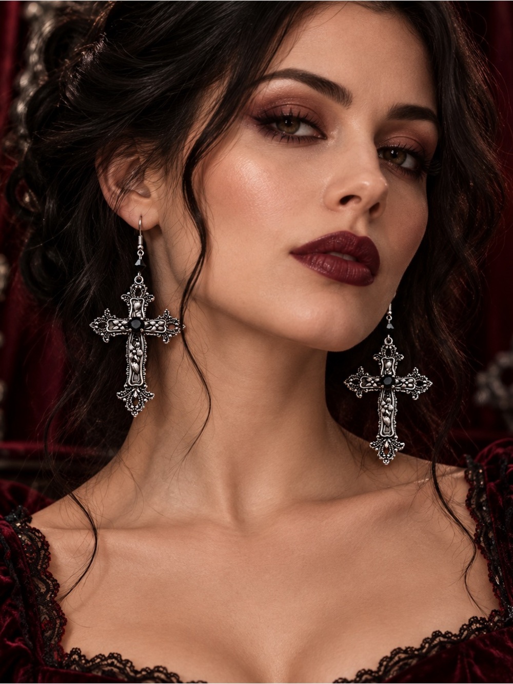 Silver Ornate Cross Drop Earrings - Women Jewelry